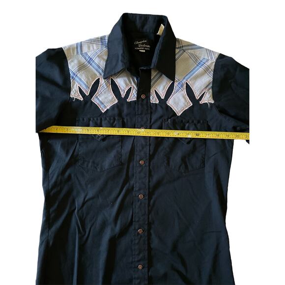 VTG Champion Westerns Navy Blue Tartan Plaid Shoulders M Pearl Snap Button Up - Picture 6 of 7